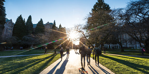 Students walking in quad towards the sunset