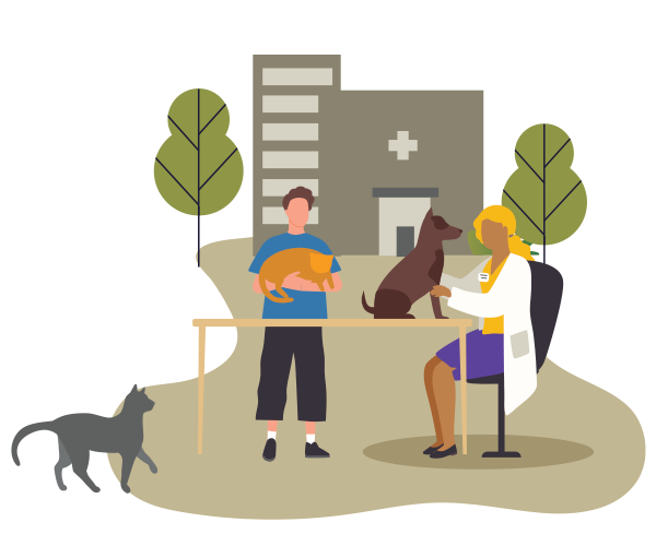 Illustration of young adult stoping by vet with a cat and dog