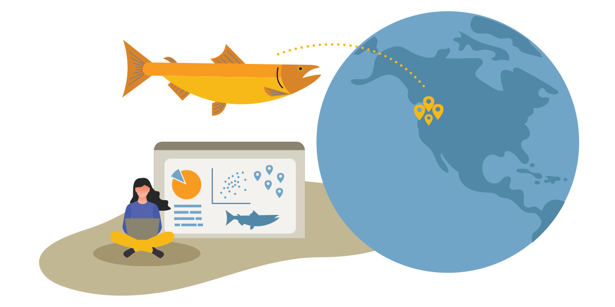 Illustration of a fish above a researcher on computer next to a globe with the west coast of the United States emphasized 