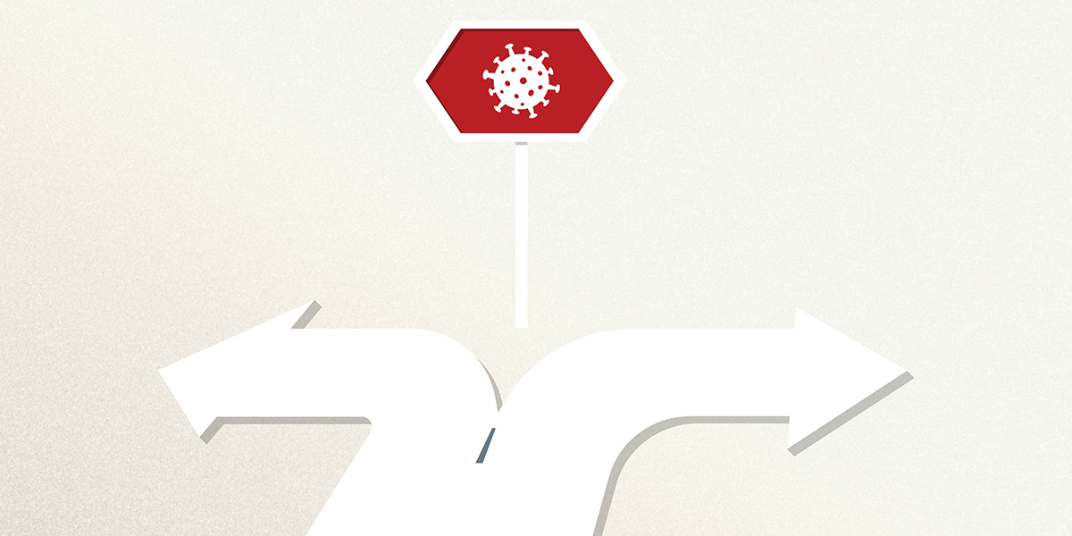 Illustration of two paths dividing at a pandemic roadblock