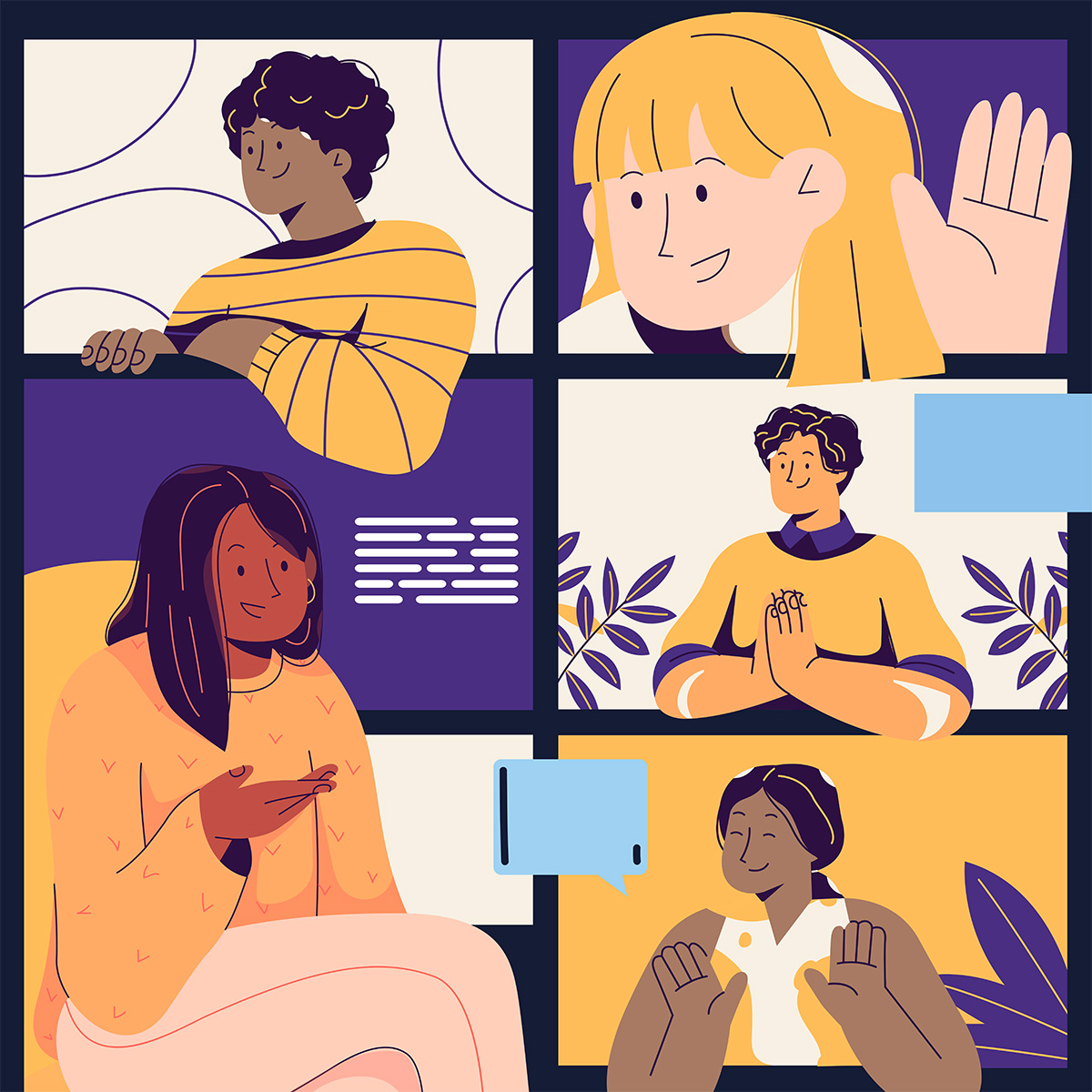 Colorful illustration of students having conversations in a remote learning environment