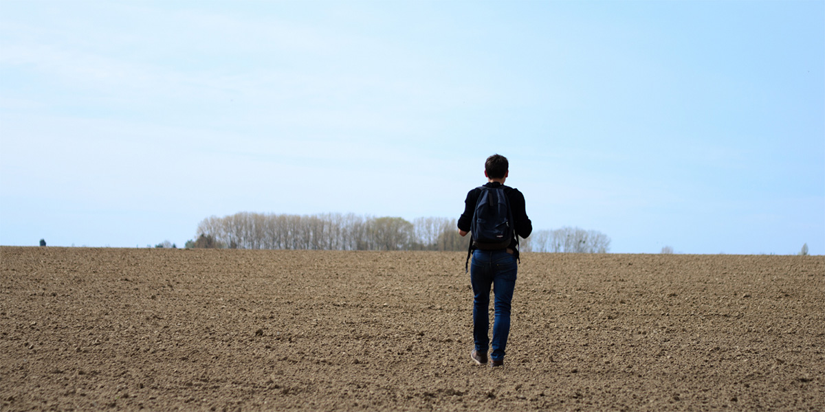 Person walking through a field with trees in the distance