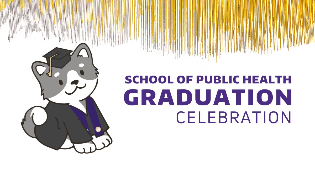 Cartoon husky in cap and gown. School of Public Health Graduation Celebration