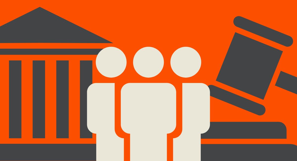 Orange background with courthouse, gavel and people graphic