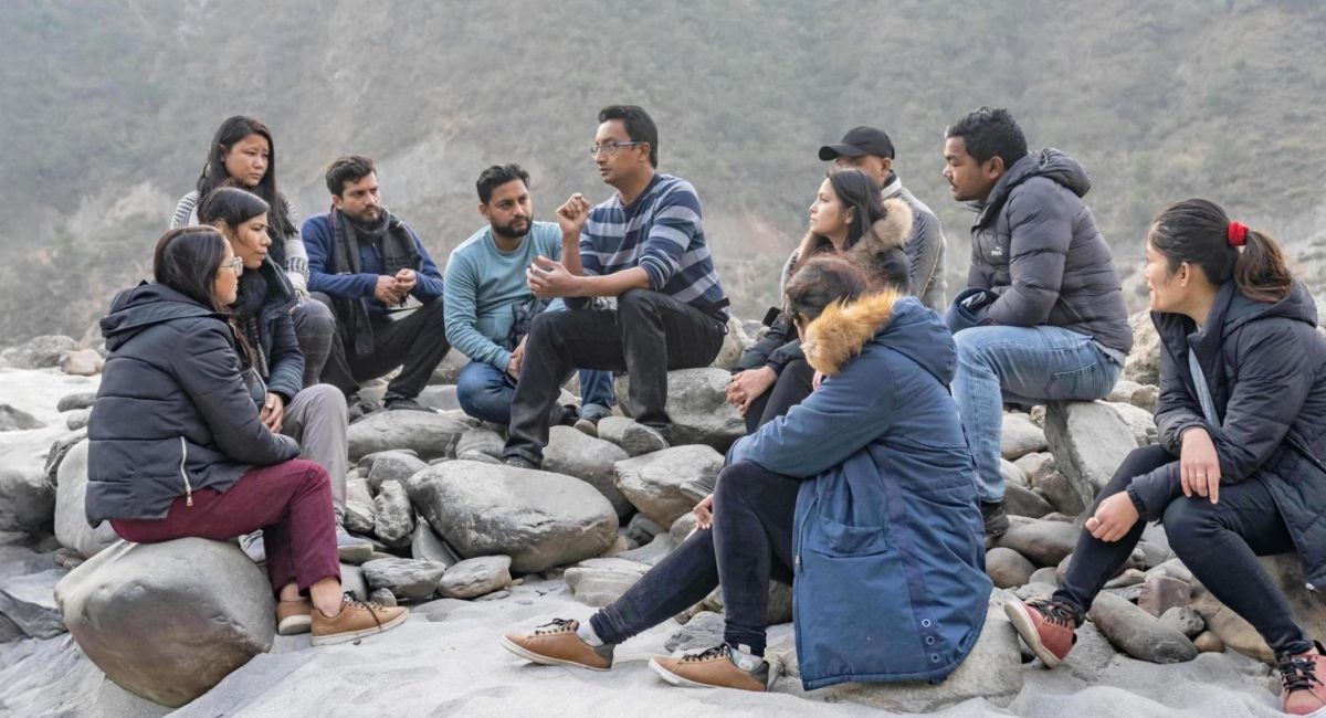 Biraj Karmacharya with students in Nepal