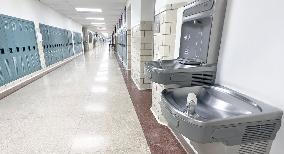 Water fountains in school hallway
