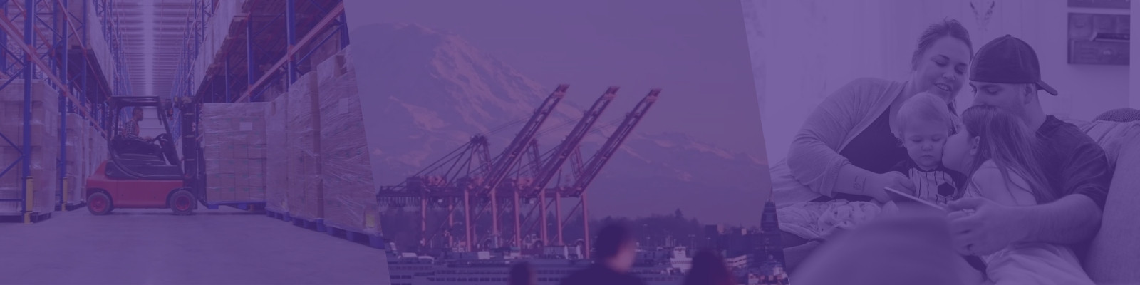 Three images: Forklift, Port of Seattle and a family on a couch interacting with each other