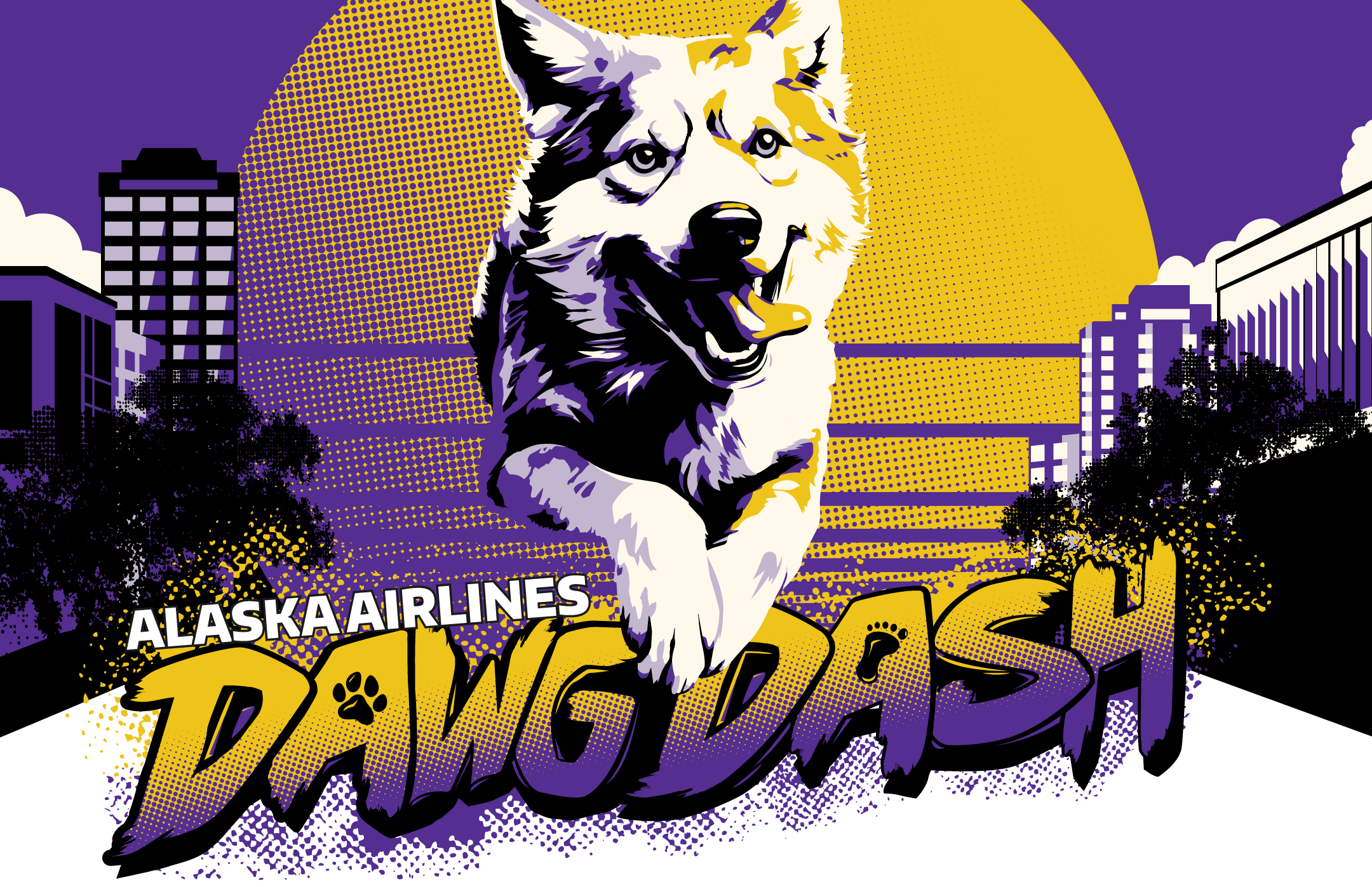 A husky running over the text "Dawg Dash"