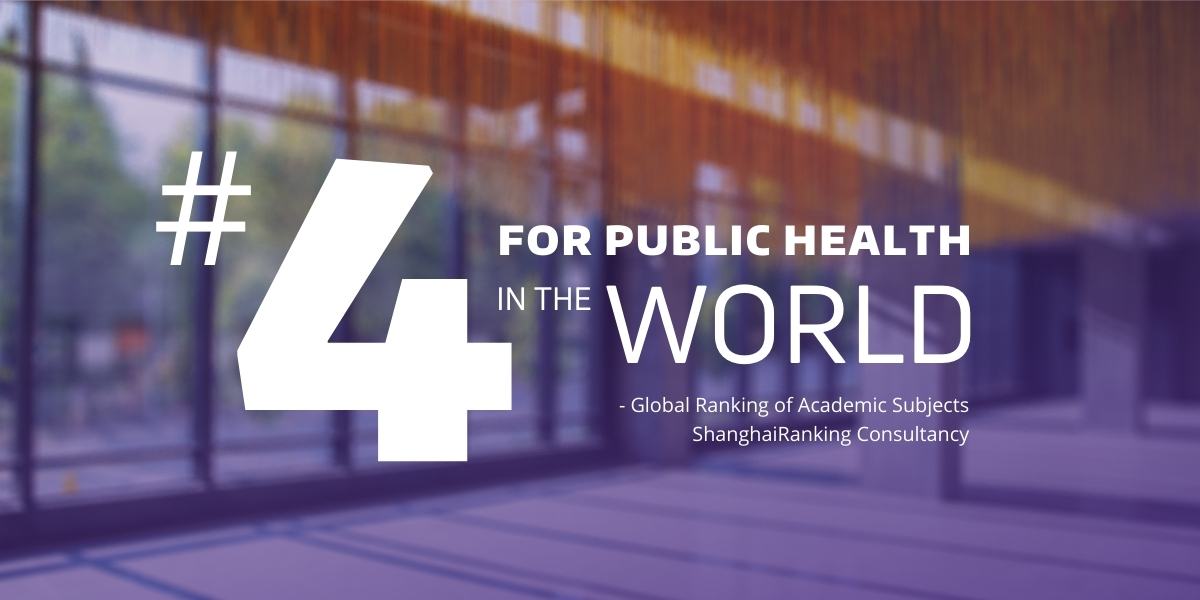 View of Hans Rosling Lobby, Text overlay in white: #4 for public health in the World - Global Ranking of Academic Subjects.