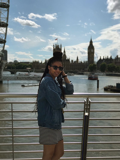 Chistelle in front of Big Ben in London in 2016.