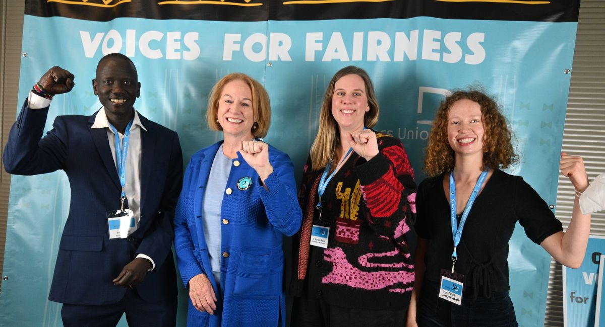 Assistant Professor Marissa Baker (third from left) stands with Drivers Union President Peter Kuel, former Mayor Jenny Durkan, and UW SPH Research Coordinator Lily Monsey, at the Drivers Union Voices for Fairness Awards on June 20. Baker and Monsey both worked on a study in collaboration with app-based drivers to understand their needs during the pandemic. (Photo credit: Drivers Union)