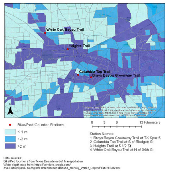 Maximum Post-Harvey flood depth at four bicycle and pedestrian count stations. [(CC by 4.0) MDPI, Basel, Switzerland]