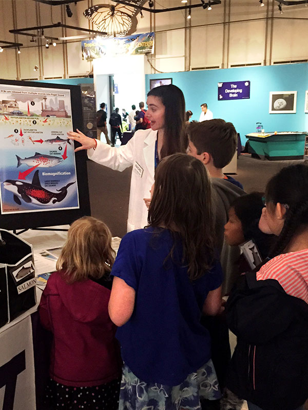 Rachel Shaffer teaching young museum visitors at Seattle's Pacific Science Center how pollutants in Puget Sound enter and move through the food chain.