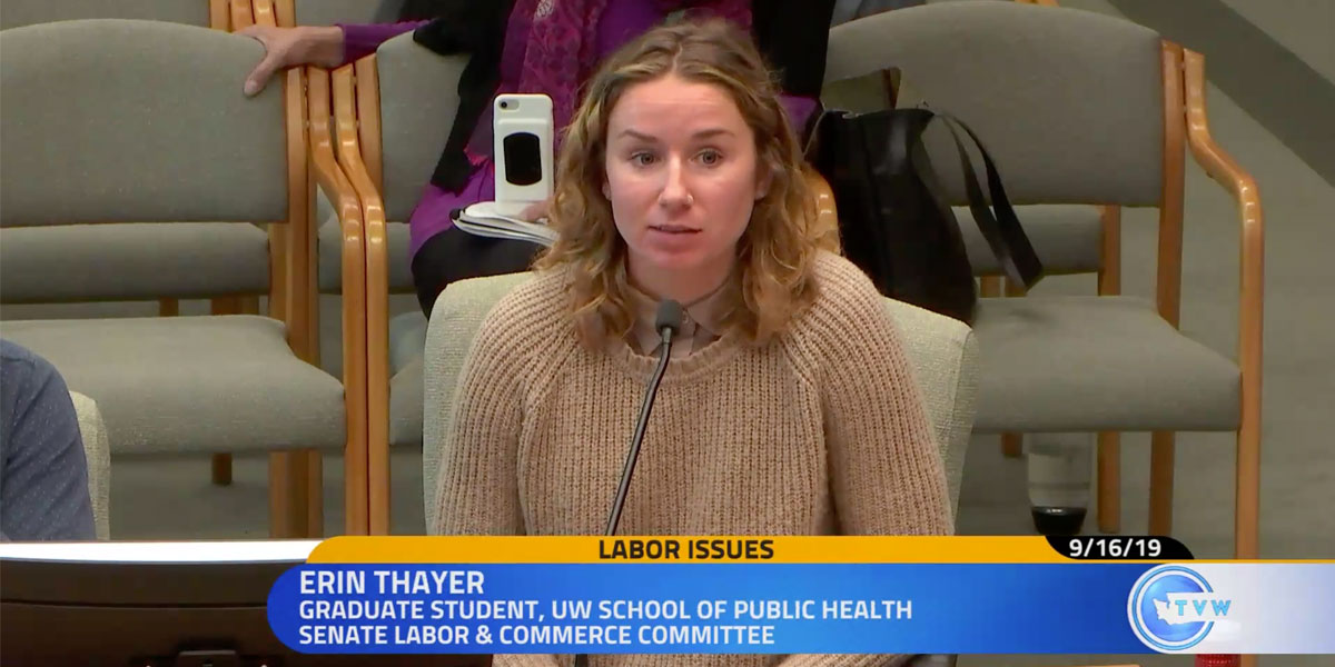 MPH student Erin Thayer presents research findings to the Senate Labor & Commerce Committee.