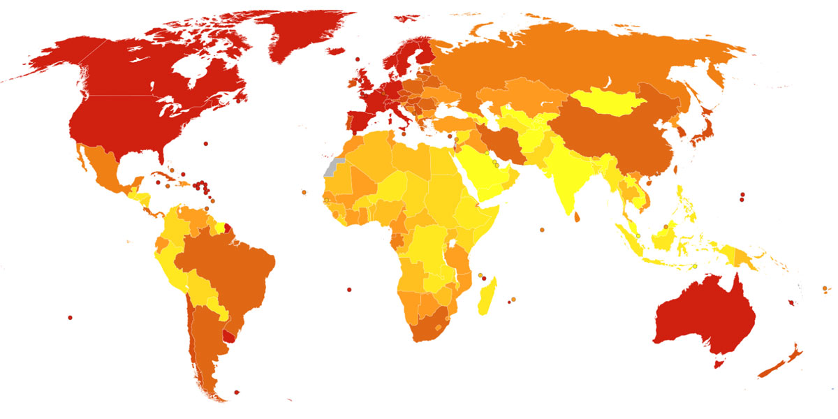 Deaths per million persons in 2012 due to Alzheimer's disease and other dementias. [(CC BY-SA 4.0) Chris55] (Data from WHO estimated deaths 2012; Vector map from BlankMap-World6; compact.svg by Canuckguy et al)