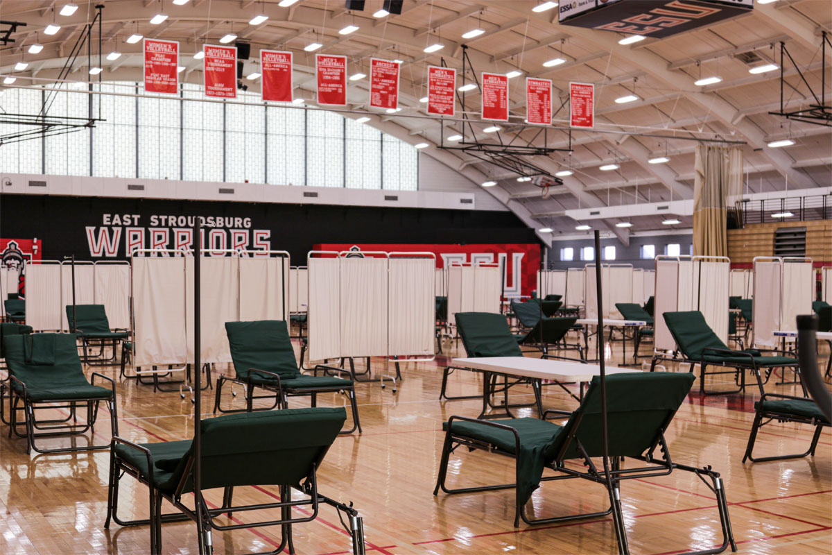 An alternative care site erected in East Stroudsburg University's Koehler Fieldhouse in Stroudsburg, Pennsylvania. (U.S. Army photo by Daniel Alkana)