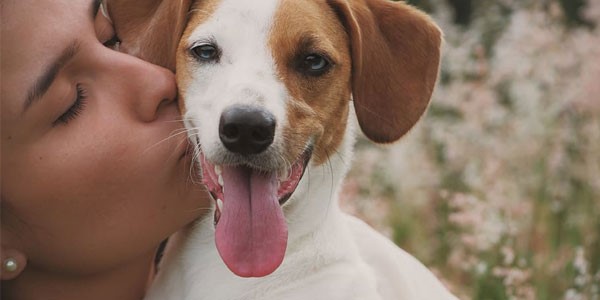 A woman kisses her dog.